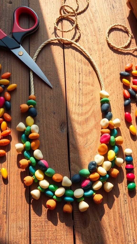 A handmade necklace crafted from colorful beans, displayed on a wooden table.
